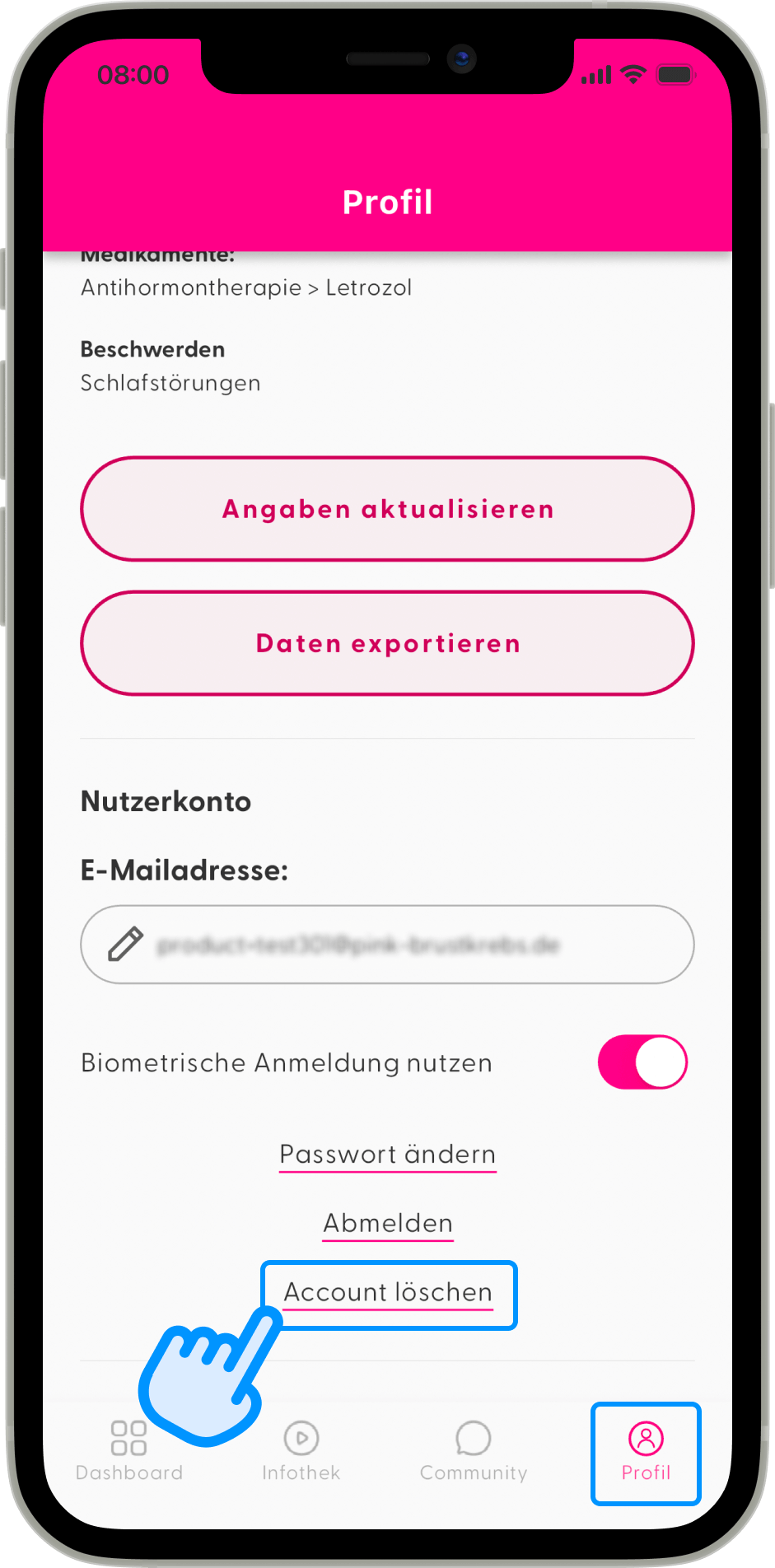 Screenshot: Nutzerkonto löschen in PINK! Coach