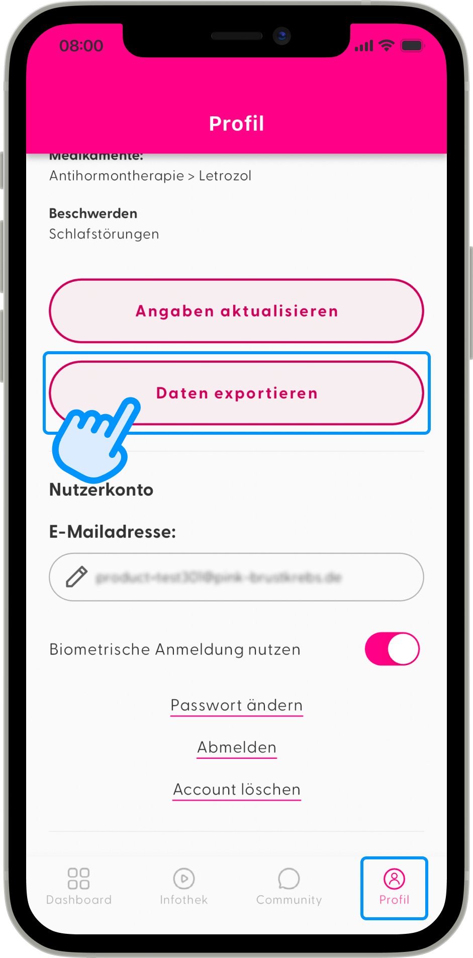 Screenshot: Daten exportieren in PINK! Coach