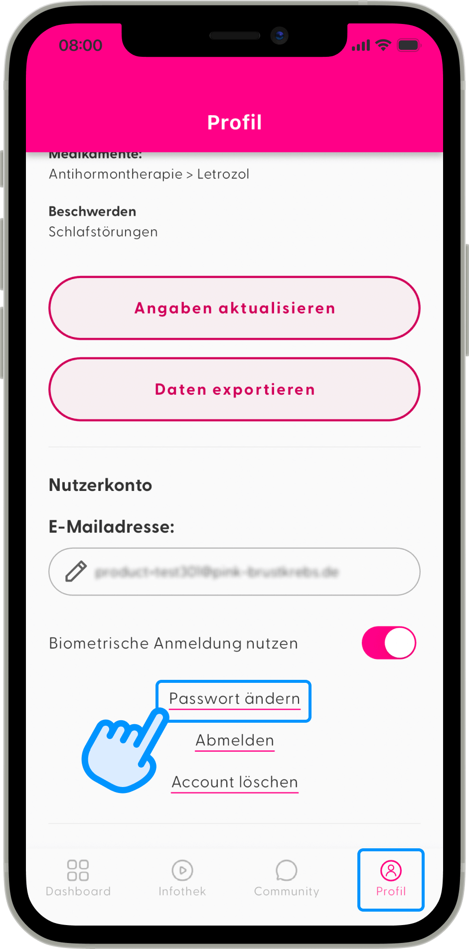 Screenshot: Passwort ändern in PINK! Coach